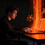 Programador trabajando con Flint, modelo de IA local de Recursive corriendo en laptop, representando desarrollo de software autónomo.