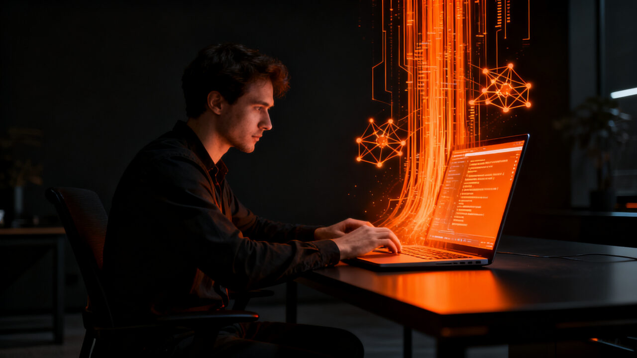 Programador trabajando con Flint, modelo de IA local de Recursive corriendo en laptop, representando desarrollo de software autónomo.