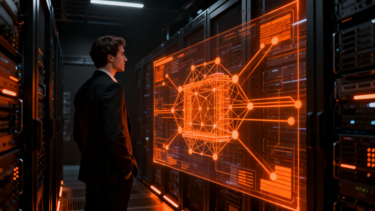 Especialista tecnológico analizando flujo de datos e IA en entorno de soberanía digital y ciberseguridad.