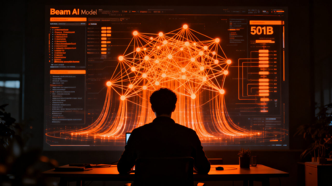 Ingeniero de IA trabajando con el modelo Beam de Reflection AI, destacando su potencia de 501B parámetros y tecnología avanzada.
