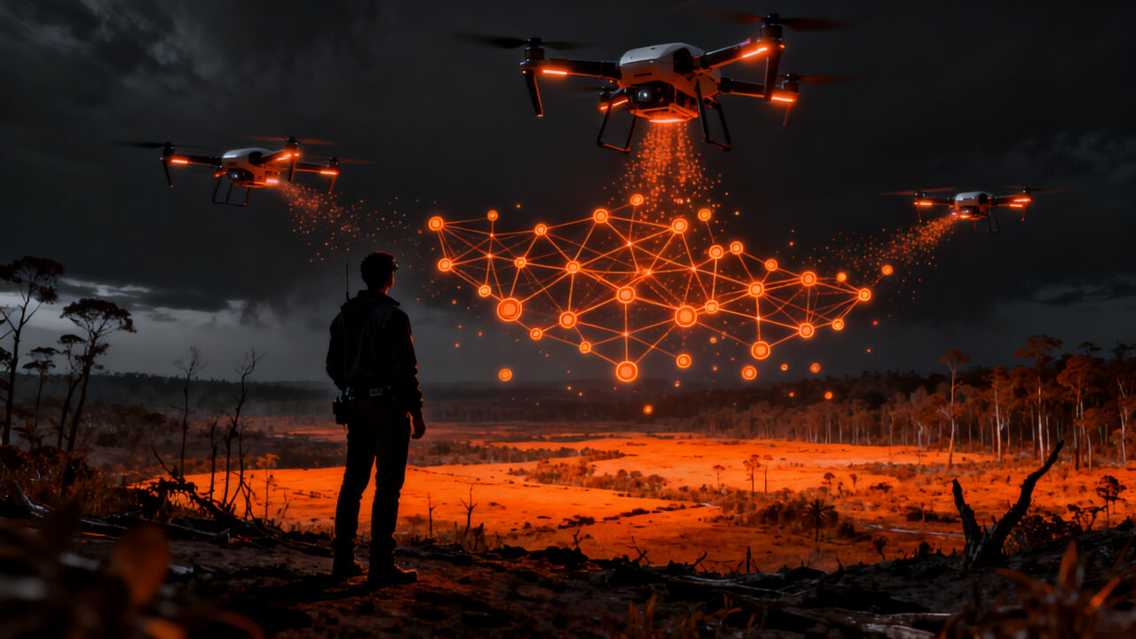 Drones e inteligencia artificial restaurando ecosistemas a gran escala, representando la tecnología ambiental y la inversión en sostenibilidad en Latinoamérica.