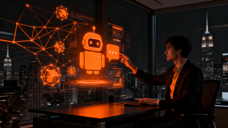 Regulación de chatbots en Nueva York: un humano supervisando la interacción con inteligencia artificial para cumplimiento normativo.