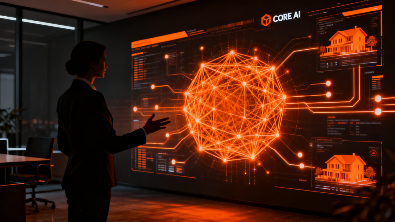 Agente inmobiliario interactuando con una interfaz digital de inteligencia artificial, representando la transformación digital en el sector proptech de REMAX México.