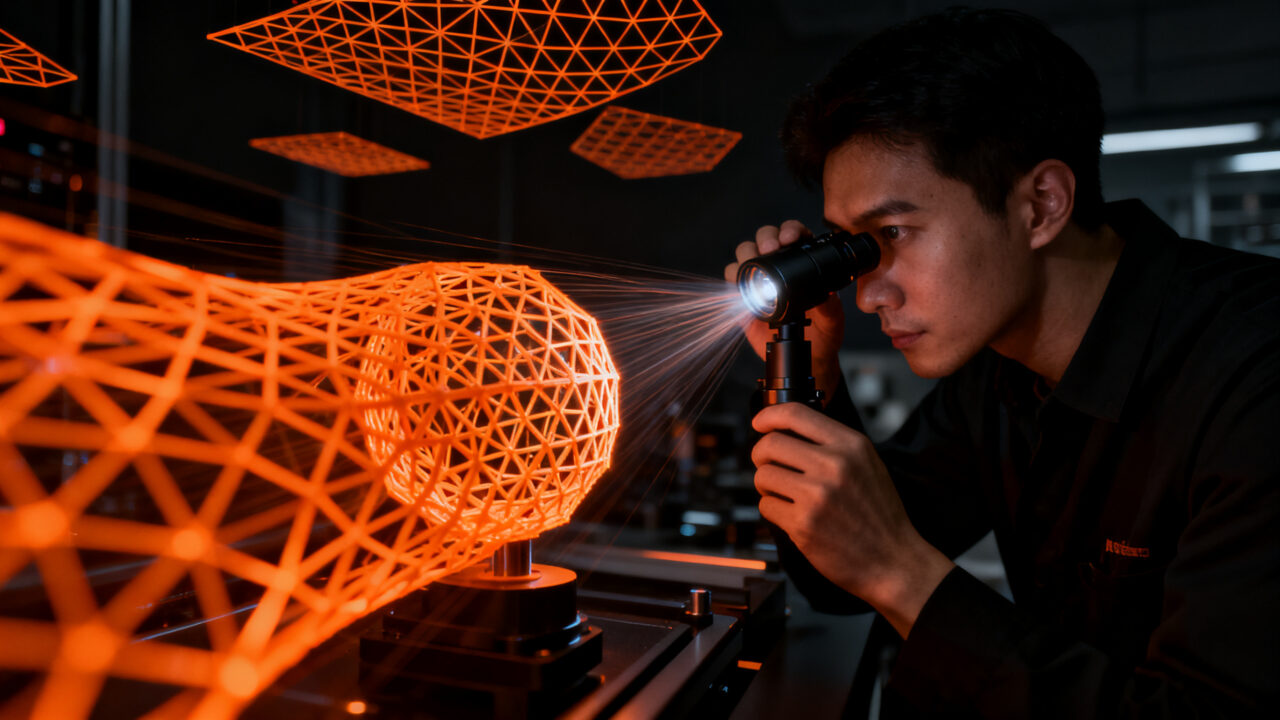 Ingeniero examinando una pieza impresa en 3D de ultra alta precisión con tecnología RepRapMicron, simbolizando la microfabricación abierta.