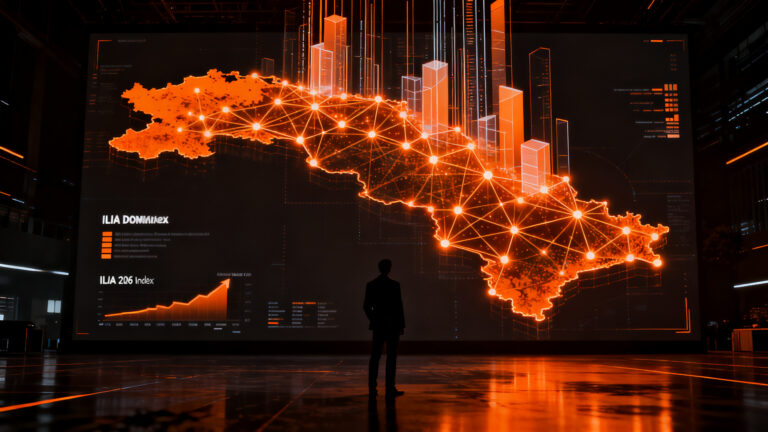 Mapa de calor tecnológico sobre República Dominicana representando el avance de la inteligencia artificial y la competitividad startup según el ILIA 2026 de la Cepal.