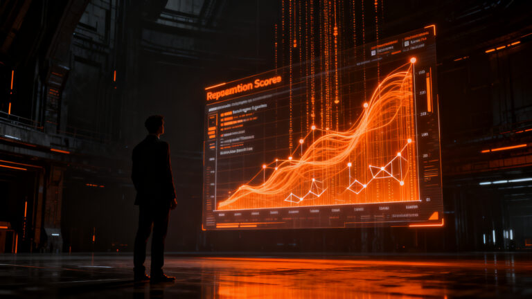 Silueta de un ejecutivo analizando datos de reputación corporativa generados por inteligencia artificial en un entorno de negocios B2B.
