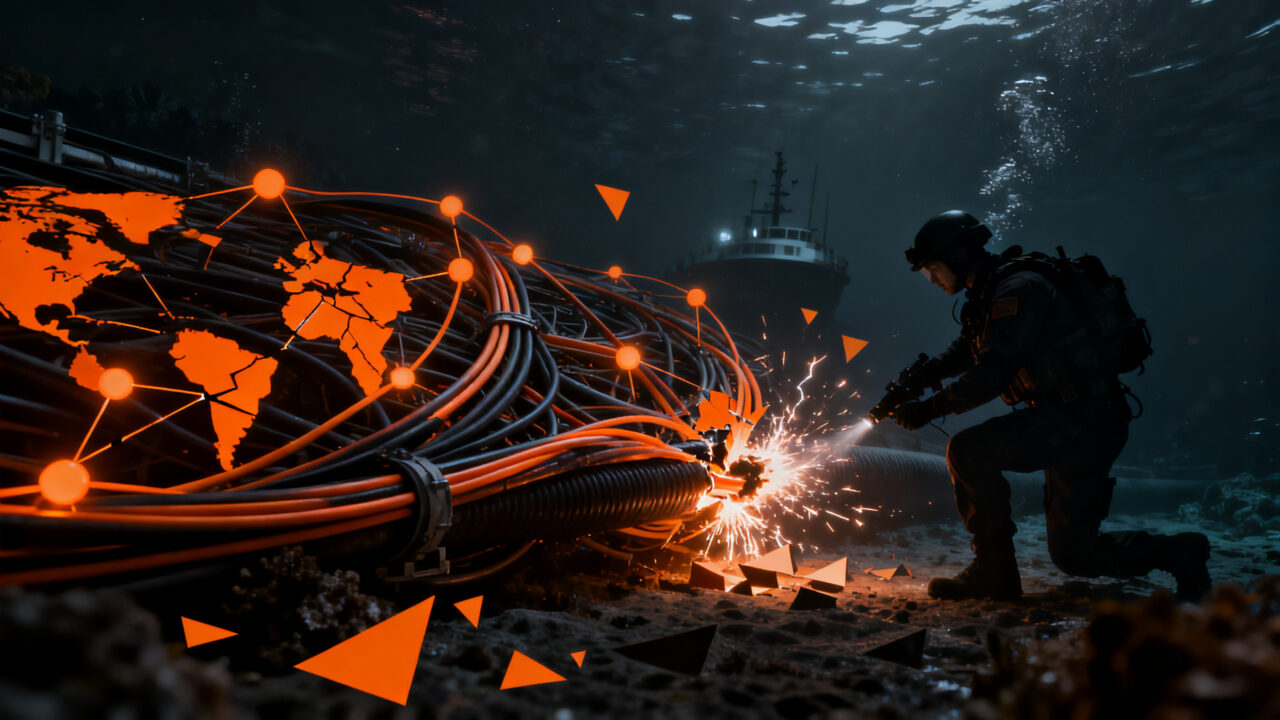 Infraestructura crítica bajo amenaza: representación visual de cables submarinos en riesgo frente a la geopolítica tecnológica global.