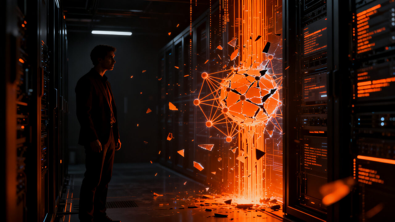 Riesgos de seguridad en agentes de IA y automatización para startups, mostrando vulnerabilidades de datos y ciberseguridad.