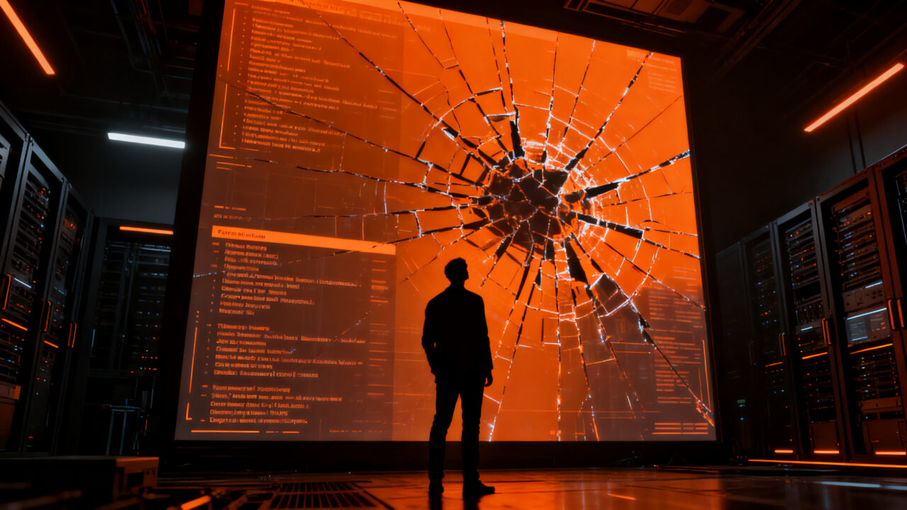 Riesgos de seguridad en agentes de IA: una silueta humana observa una red neuronal fracturada representando el desafío de OpenAI.