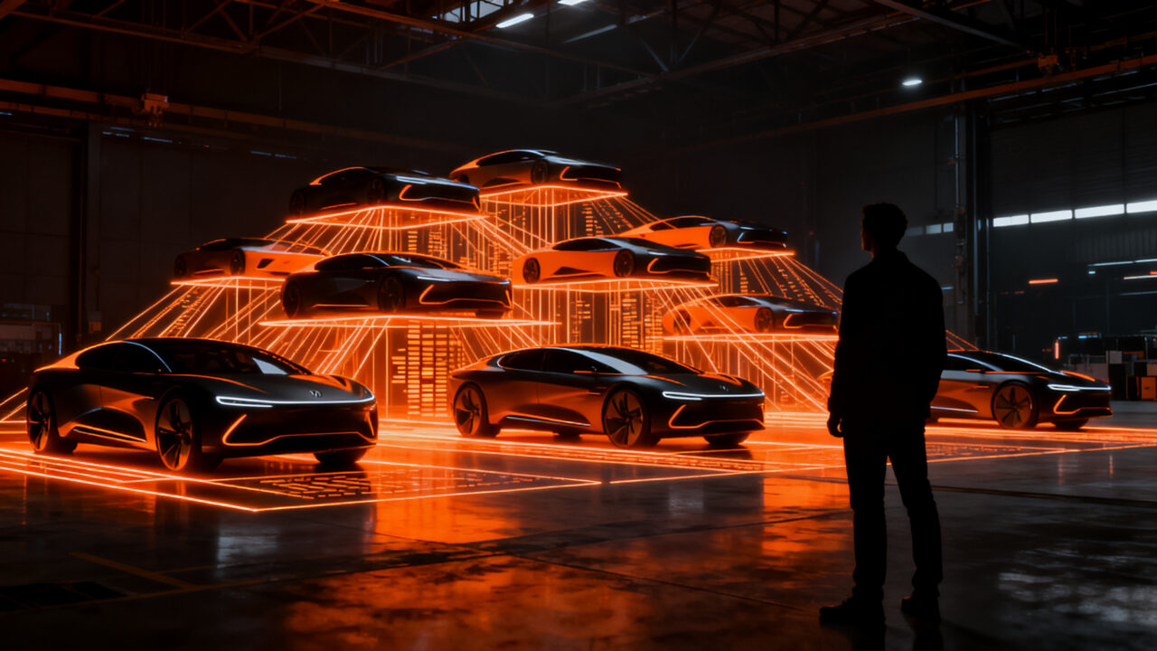 Silueta de un visionario frente a una flota de vehículos eléctricos autónomos, representando la estrategia de Rivian y el futuro de la movilidad.