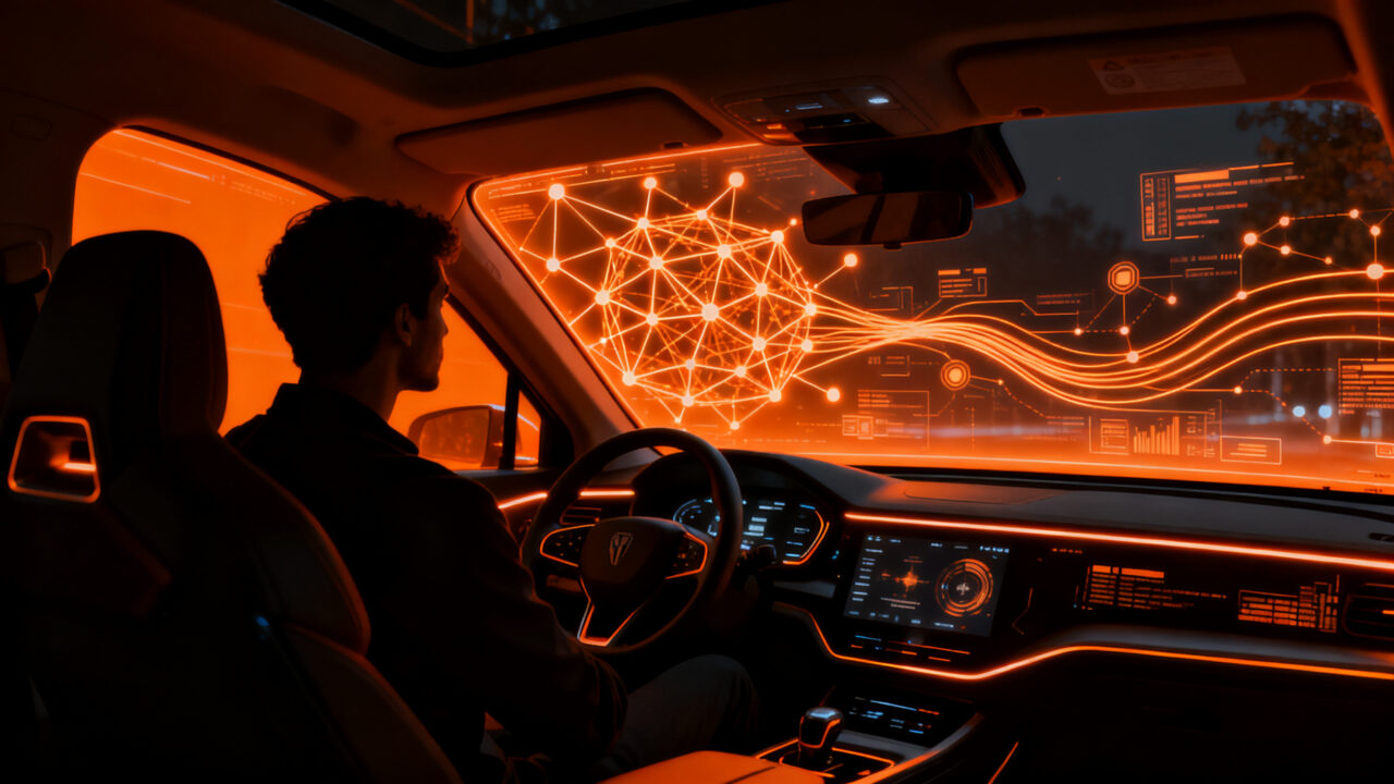 Integración de agentes de IA en vehículos Rivian, representando el futuro del software automotriz y la innovación tecnológica.