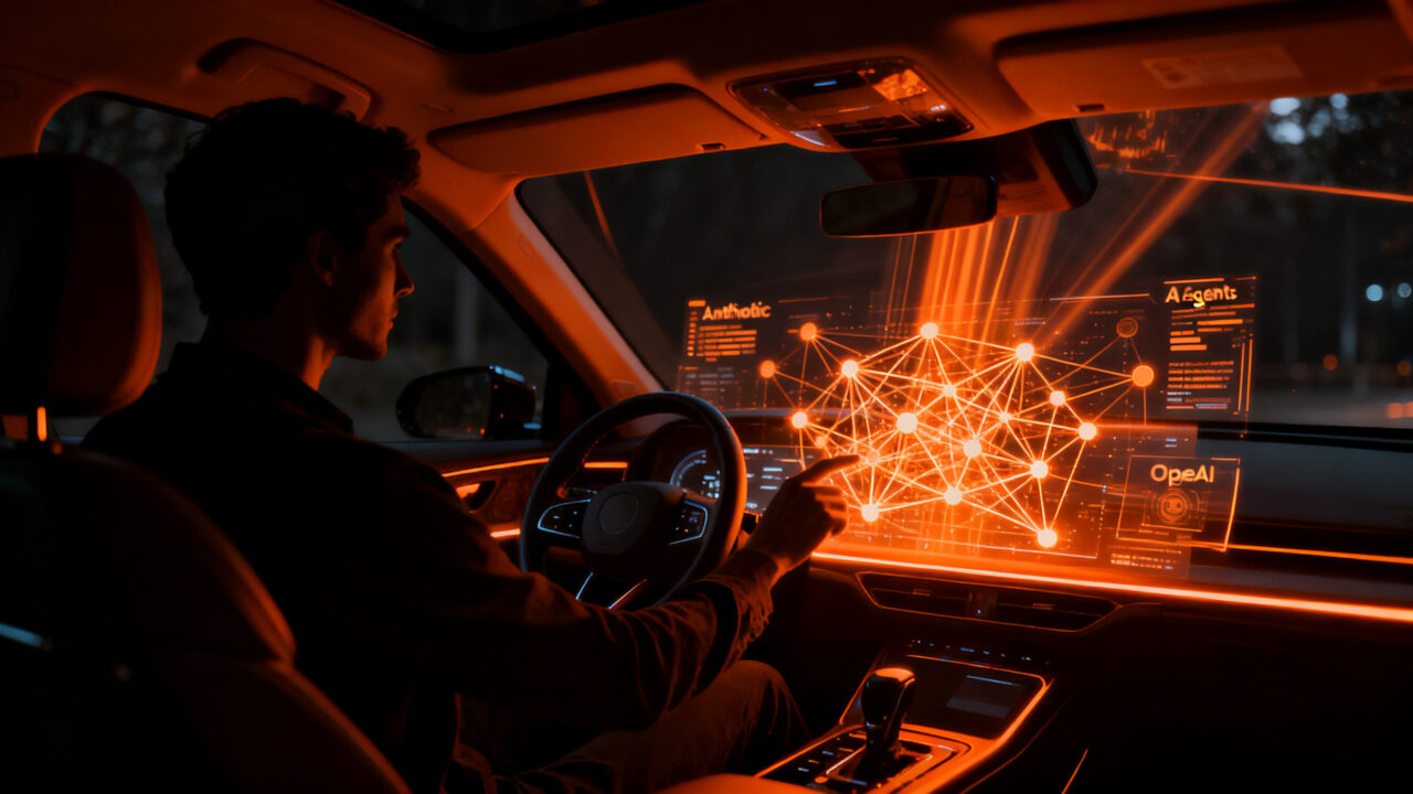 Representación visual de la integración de agentes de IA en vehículos eléctricos Rivian, mostrando tecnología avanzada y asistencia al conductor.
