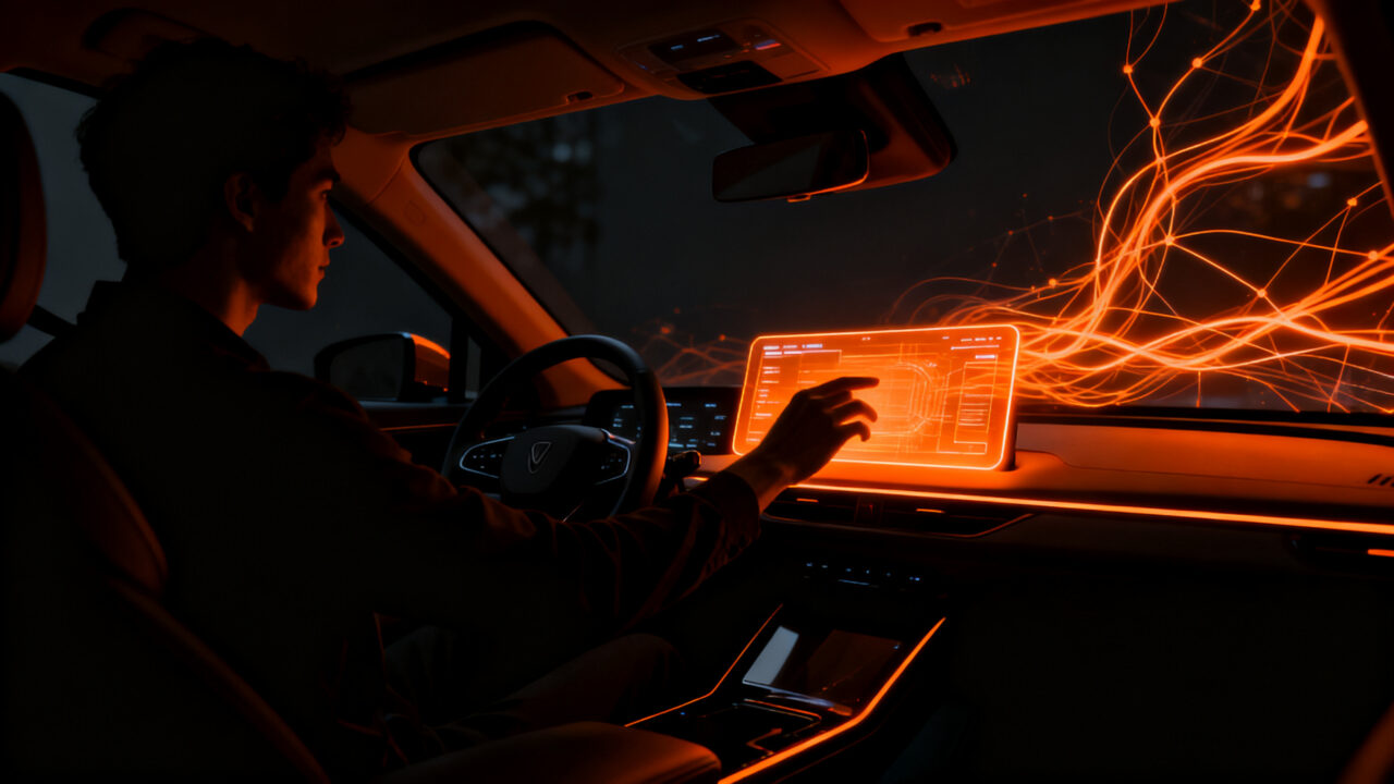 Un conductor interactuando con una interfaz de IA en el tablero de un vehículo eléctrico Rivian, simbolizando la integración de agentes inteligentes en la arquitectura automotriz.