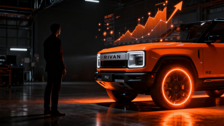 Silueta de un emprendedor observando un vehículo eléctrico Rivian R2 de alto rendimiento, simbolizando el éxito en el mercado de vehículos eléctricos y el crecimiento empresarial.