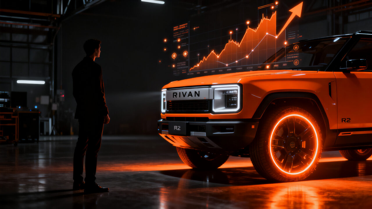 Silueta de un emprendedor observando un vehículo eléctrico Rivian R2 de alto rendimiento, simbolizando el éxito en el mercado de vehículos eléctricos y el crecimiento empresarial.