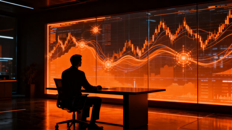 Agente de IA analizando mercados financieros con trading algorítmico, automatización de inversiones en Robinhood.