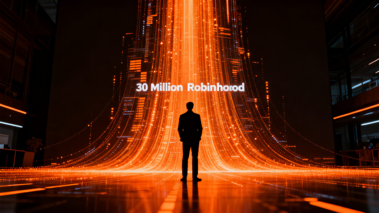 Agentes de trading con IA de Robinhood procesando datos financieros en una interfaz futurista, representando la automatización de inversiones.