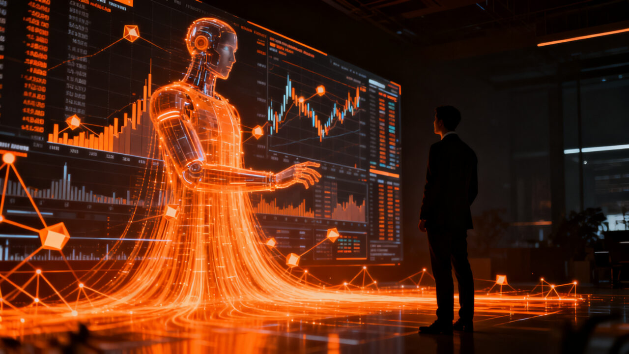 Agente de IA operando trading autónomo en una interfaz financiera digital, representando la economía agéntica de Robinhood Agents.