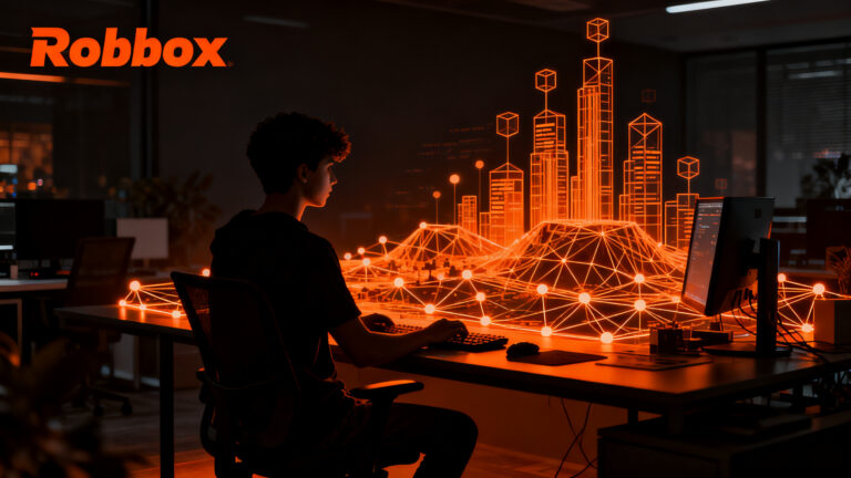 Desarrollador de videojuegos creando mundos virtuales en Roblox, representando la economía de creadores en Brasil.