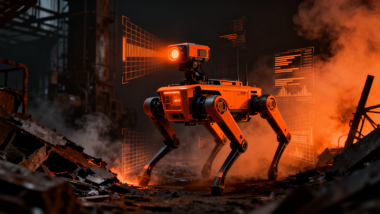 Robot cuadrúpedo con tecnología térmica inspeccionando una estructura industrial tras un incendio, representando la automatización en seguridad.