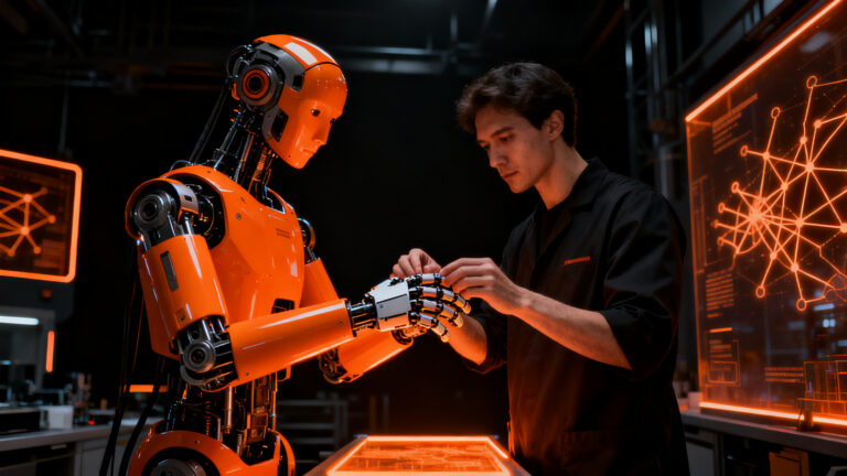Persona colaborando con tecnología robótica para entrenamiento de IA, representando el mercado de datos humanos y automatización.