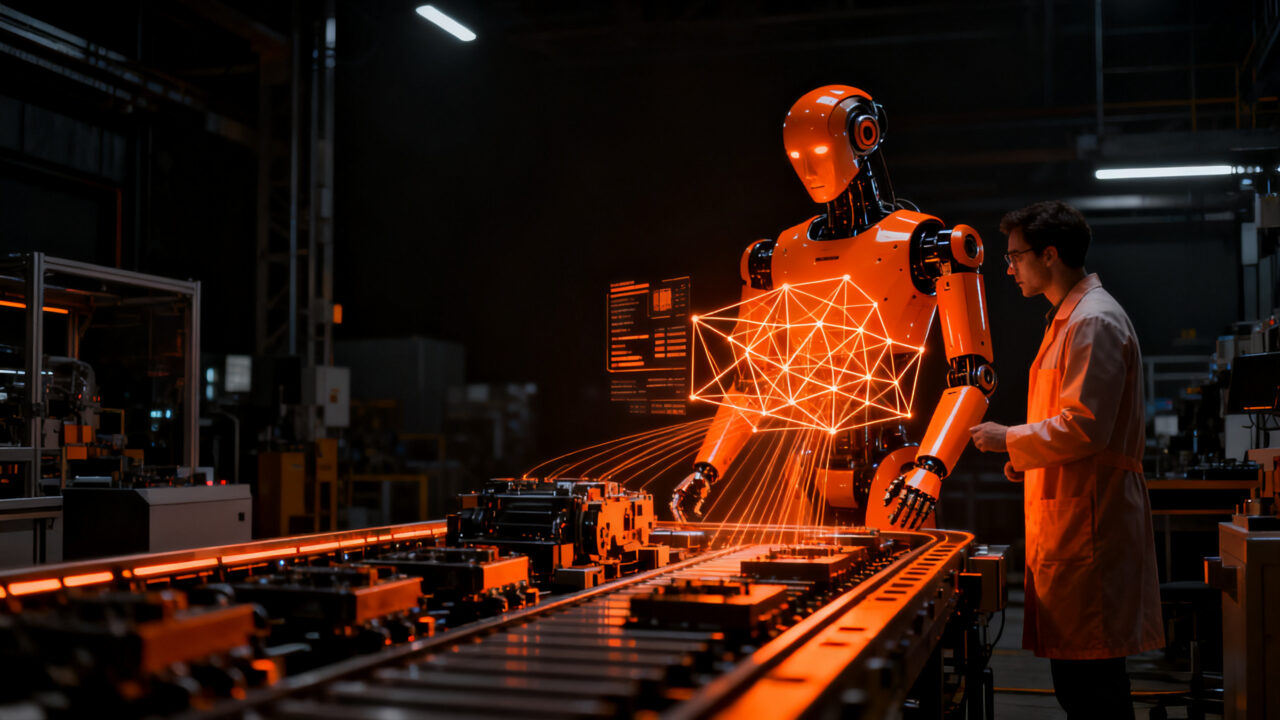 Robots humanoides en una línea de producción industrial, representando la automatización avanzada y la nueva era de la manufactura.