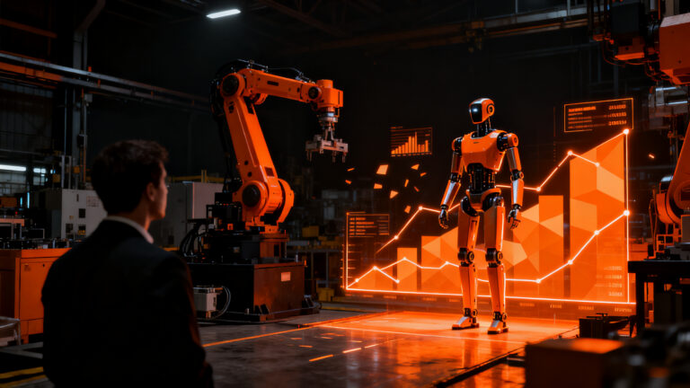 Robot humanoide en entorno industrial, representando la tendencia de automatización y pilotos robóticos en fábricas.
