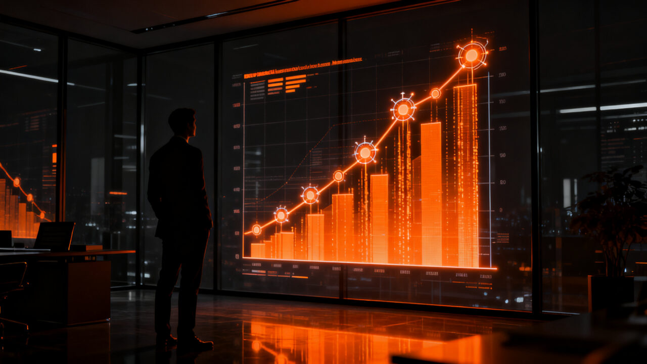 Empresario analizando métricas de rentabilidad y ROI de la inteligencia artificial en un entorno corporativo digital.