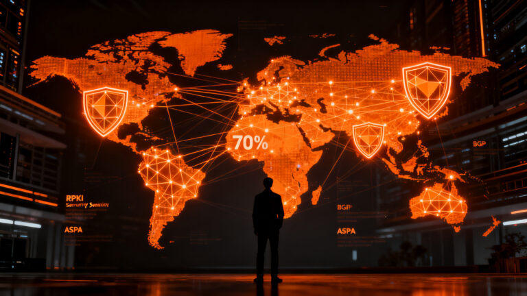Infraestructura de Internet protegida por RPKI, visualizando la seguridad de enrutamiento y el crecimiento de la ciberseguridad global.