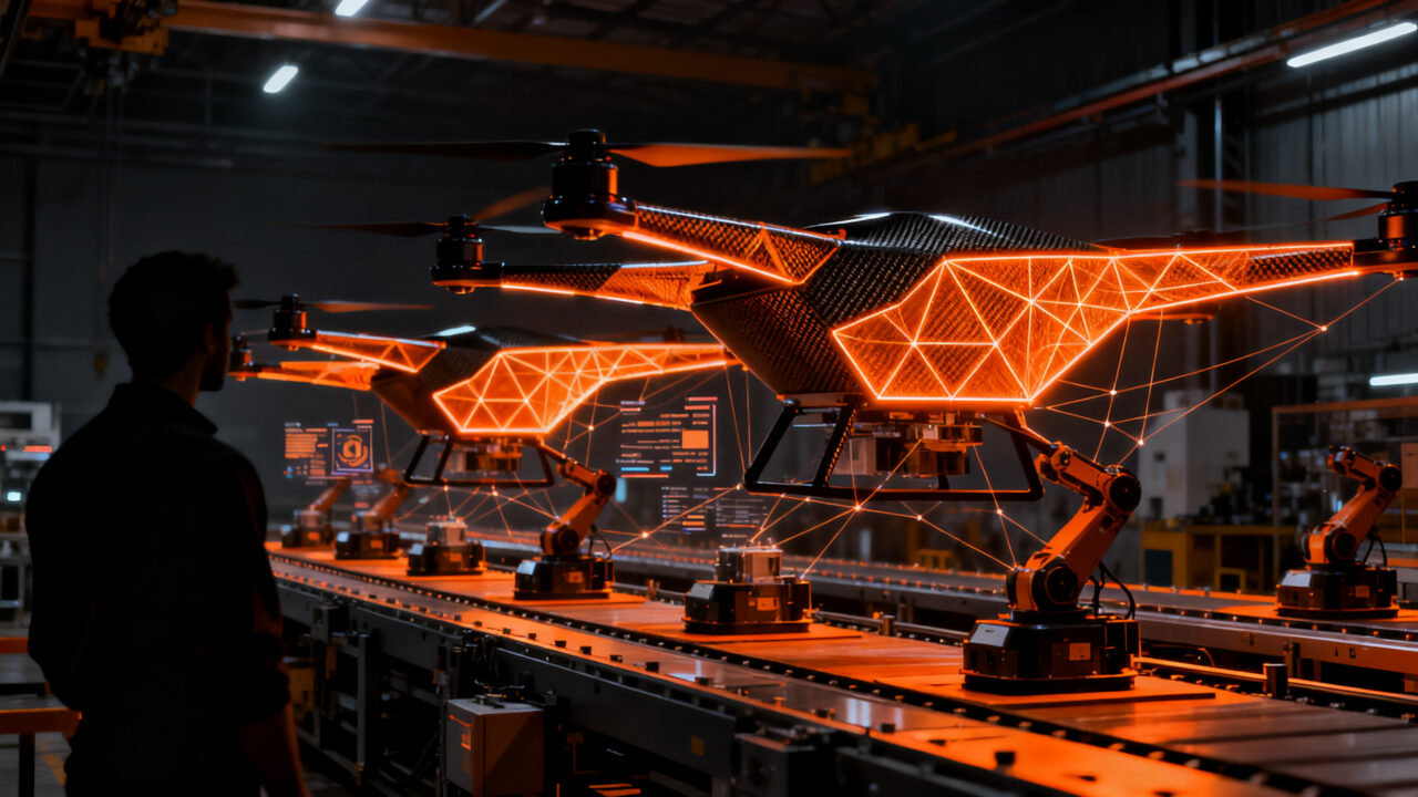 Producción masiva de drones Shahed y robots militares, representando la carrera armamentística tecnológica actual.