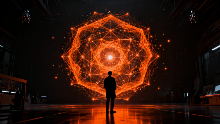Concepto visual de agentes de IA autónomos de Sakana AI realizando auto-optimización recursiva en un entorno tecnológico.