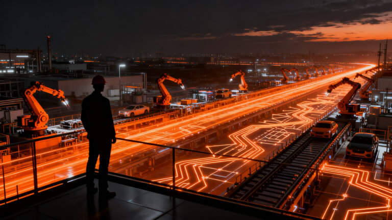 Representación visual del desarrollo industrial y nearshoring en San Luis Potosí, destacando el clúster automotriz y la inversión empresarial.