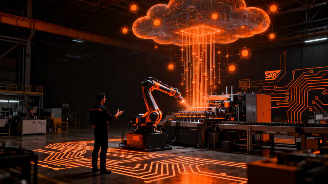 Agente de IA conectando el entorno industrial con sistemas ERP, representando la integración de Physical AI y robótica de SAP.