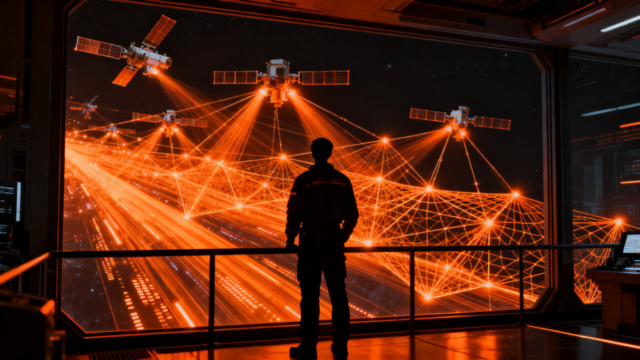 Ingeniero aeroespacial observando servidores de computación en el borde del espacio con tecnología de Satlyt y la NASA.