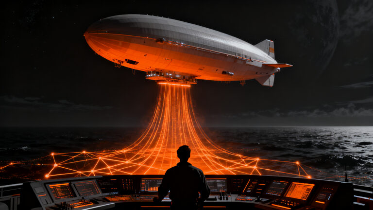 Dirigible estratosférico Sceye sobrevolando el océano, representando la revolución en conectividad global y telecomunicaciones HAPS.