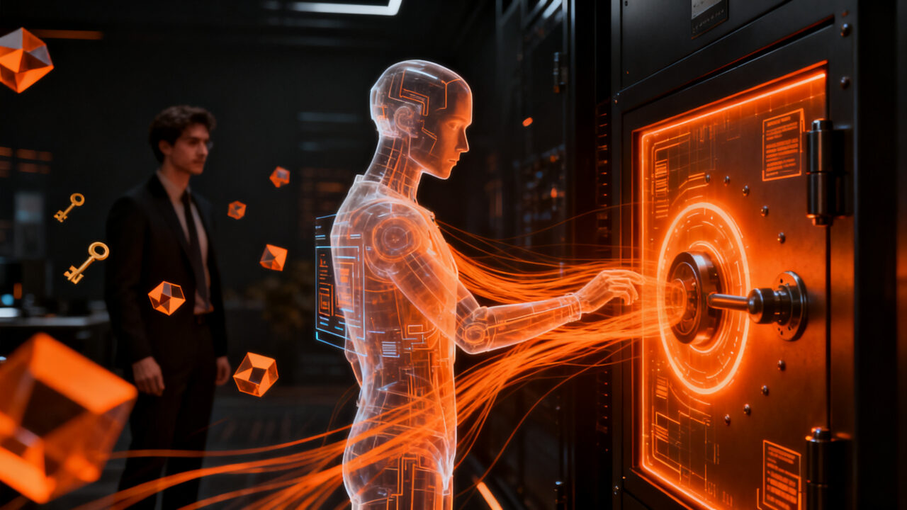 Agente de IA interactuando con una bóveda de seguridad digital, representando la automatización segura de credenciales en startups.