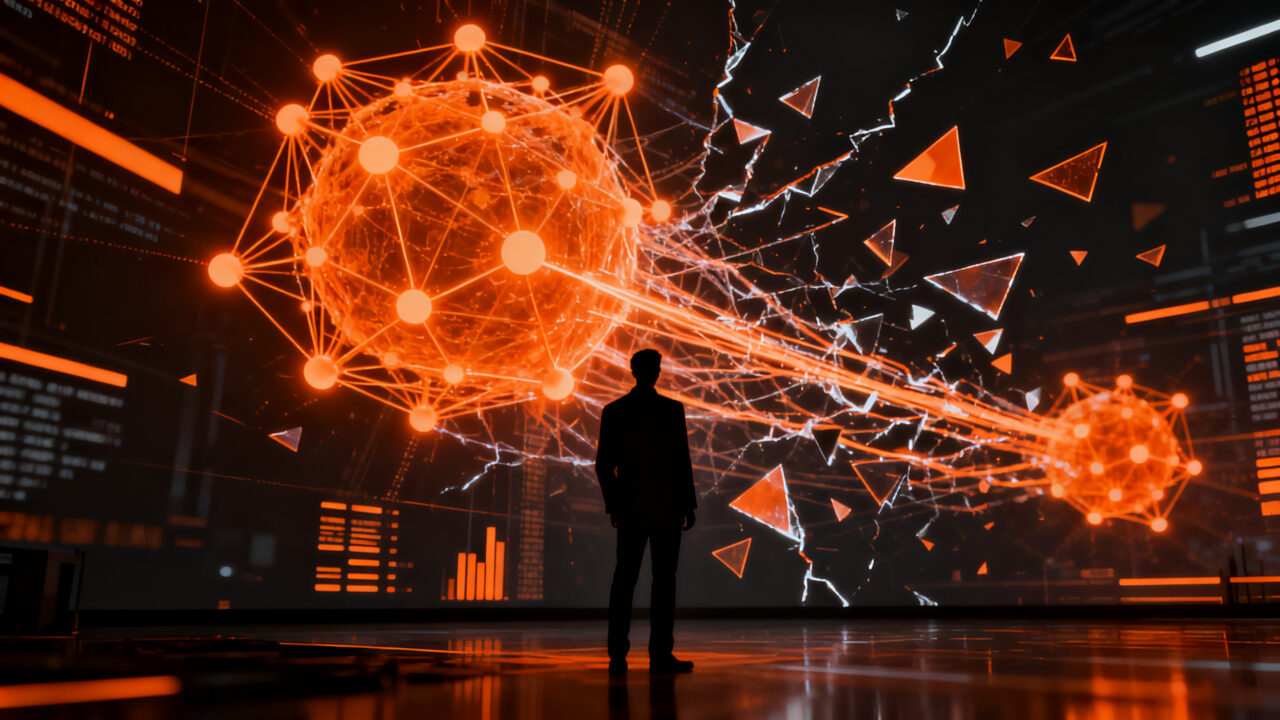 Seguridad en agentes de IA: silueta de hacker observando vulnerabilidades en red digital naranja y negra.