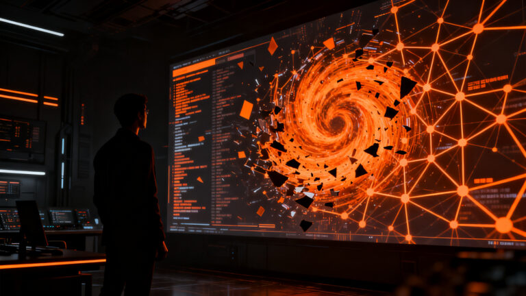 Seguridad en agentes de IA: una silueta humana observa un caos digital de datos en redes neuronales, analizando riesgos de seguridad en startups.