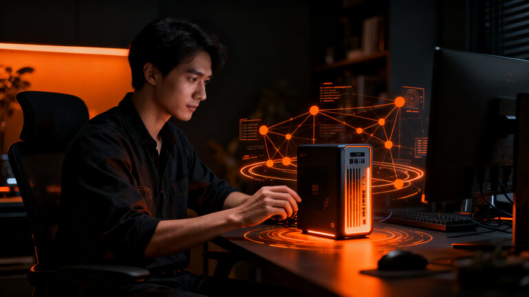Ingeniero optimizando infraestructura propia mediante self-hosting en un mini PC, representando el control tecnológico y la automatización del hogar.