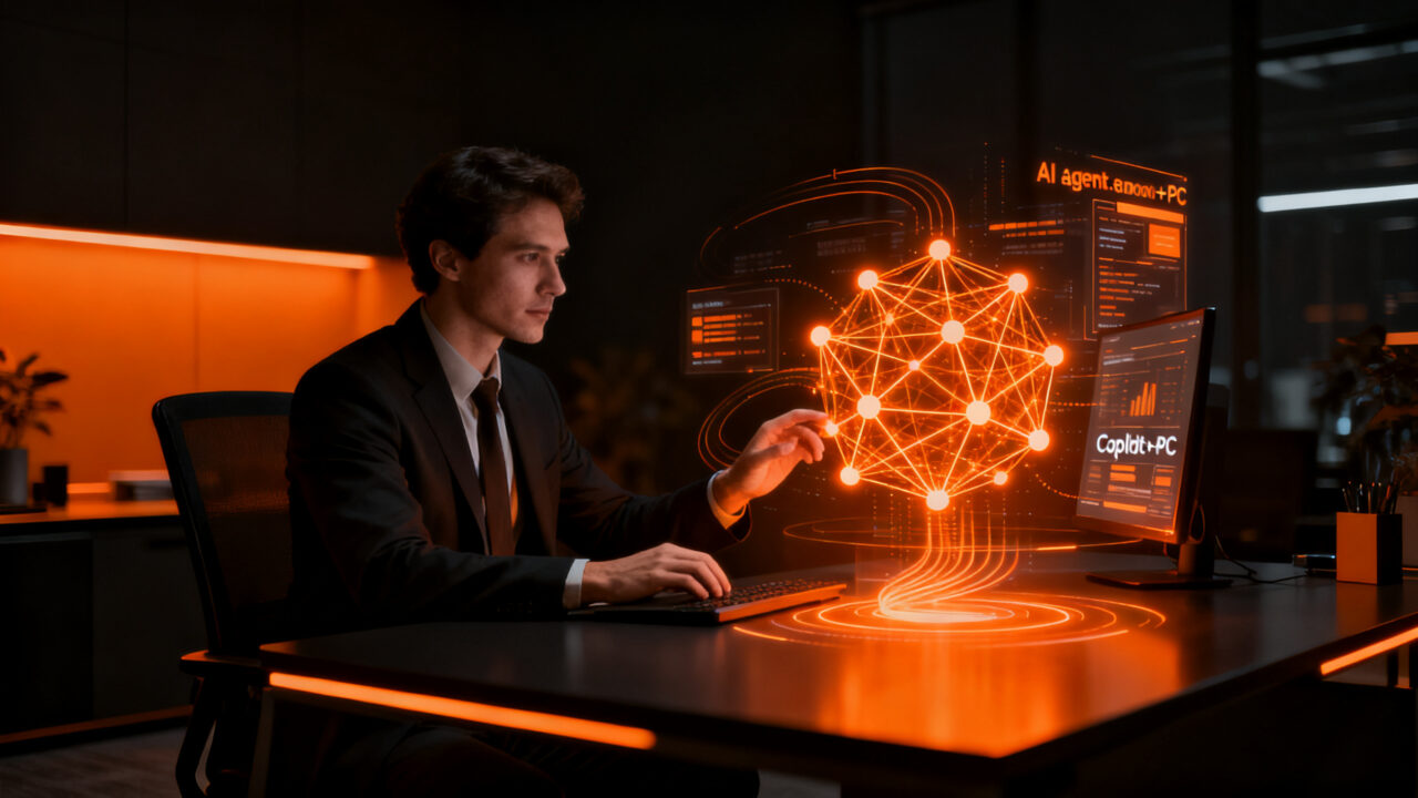 Profesional trabajando con agentes de IA y Microsoft Copilot en un entorno corporativo moderno de transformación digital.