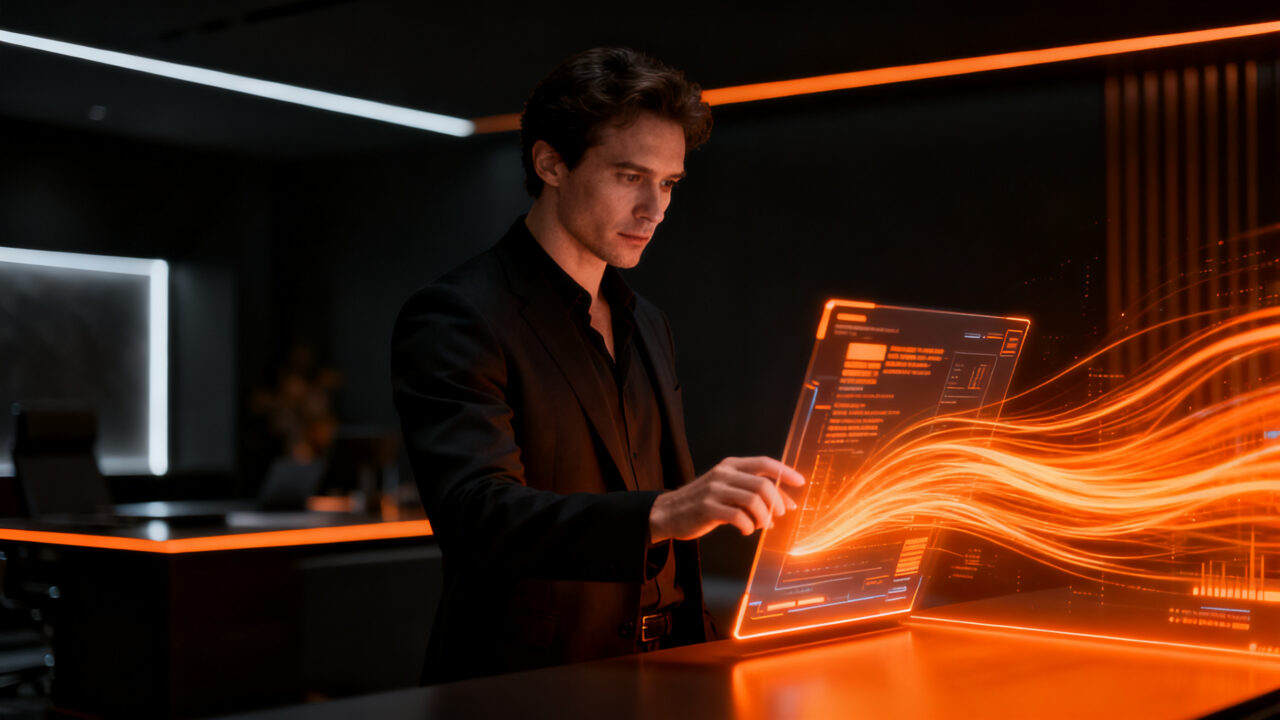 Empresario venezolano utilizando facturación digital en su oficina, representando la modernización administrativa y el fin de las máquinas fiscales.