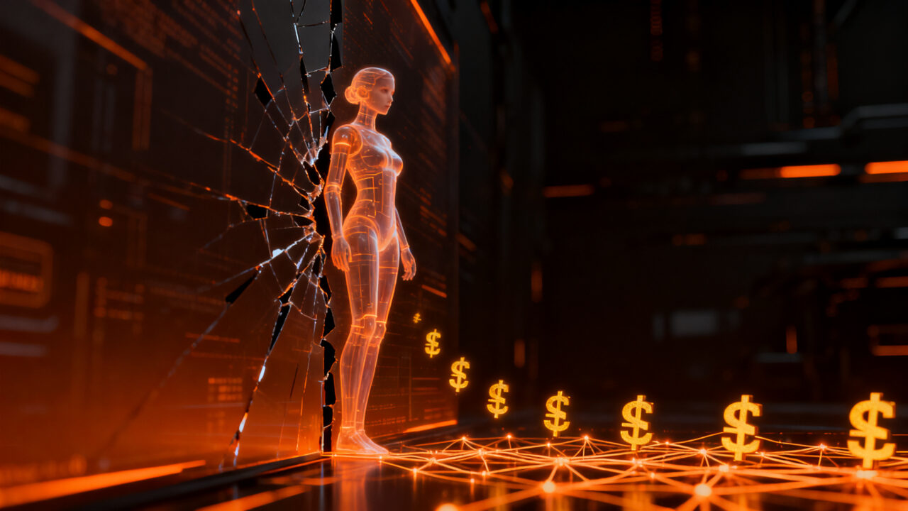 Representación visual de sesgos de género en inteligencia artificial y diseño de experiencia de usuario en tecnología.