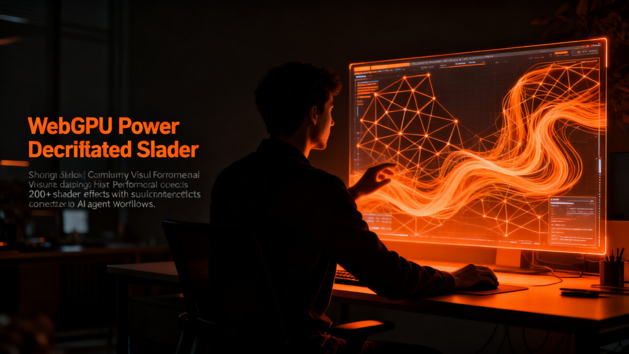 Desarrollador web integrando efectos visuales WebGPU avanzados en una interfaz de usuario moderna, representando shaders para React y Vue.