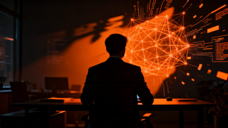 Profesional trabajando en un entorno digital oscuro con redes de datos invisibles, representando el riesgo de Shadow AI en empresas.