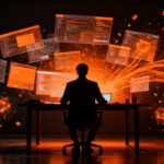 Shadow AI en startups: profesional trabajando con IA sin supervisión, representando los riesgos de productividad y gobernanza de datos.