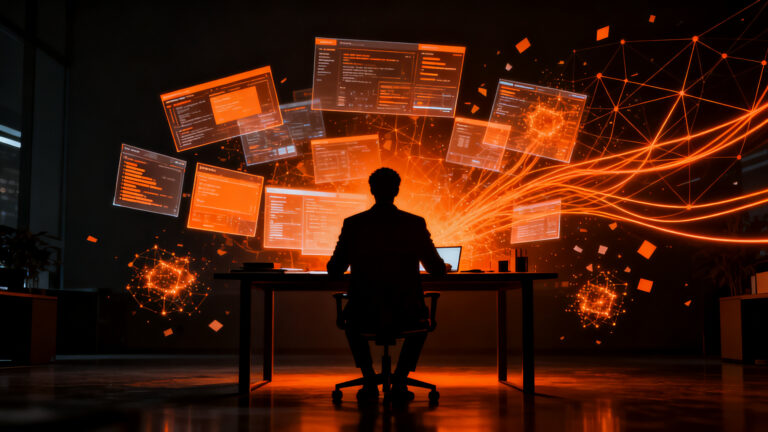 Shadow AI en startups: profesional trabajando con IA sin supervisión, representando los riesgos de productividad y gobernanza de datos.