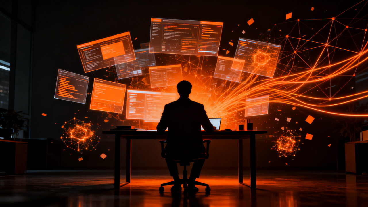 Shadow AI en startups: profesional trabajando con IA sin supervisión, representando los riesgos de productividad y gobernanza de datos.