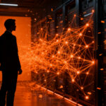 Representación conceptual de Shadow AI y riesgos de ciberseguridad en empresas, con una figura humana observando agentes de IA ocultos.