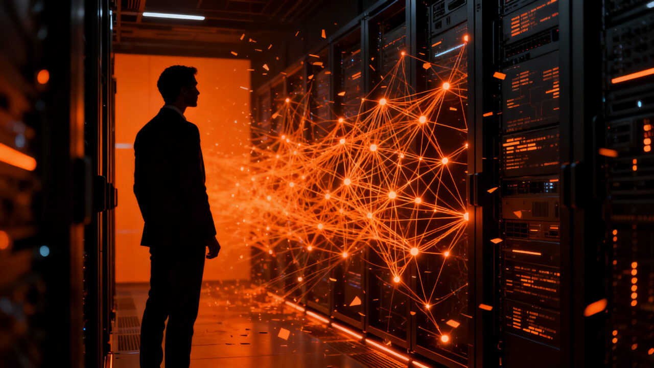 Representación conceptual de Shadow AI y riesgos de ciberseguridad en empresas, con una figura humana observando agentes de IA ocultos.