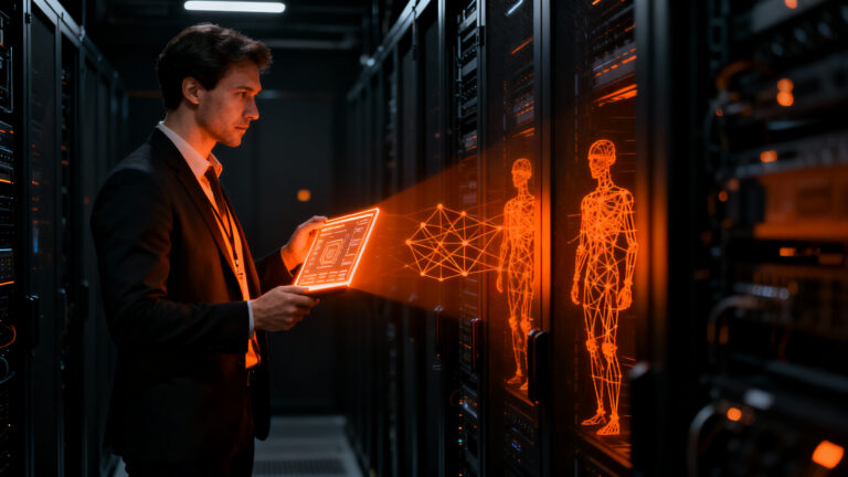 Representación visual de Shadow AI y ciberseguridad en empresas, mostrando una figura humana detectando agentes de IA ocultos.